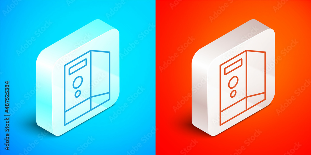 Poster isometric line case of computer icon isolated on blue and red background. computer server. workstati