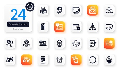 Set of Technology flat icons. Cardio training, Inventory report and Accounting report elements for web application. Timer, Touchscreen gesture, Management icons. Survey checklist. Vector