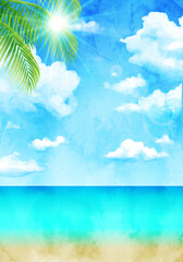 Plakat 青空と南国の植物の水彩イラスト背景(リゾート,夏,旅行,トロピカル,ビーチ,ハワイ,海岸,砂浜,バカンス,葉)