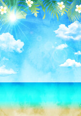 Plakat 青空と南国の植物の水彩イラスト背景(リゾート,夏,旅行,トロピカル,ビーチ,ハイビスカス,プルメリア,ハワイ,海岸,砂浜,バカンス,葉)