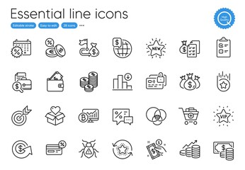 Loyalty points, Add products and Payment method line icons. Collection of Card, Accounting wealth, Loyalty star icons. Bitcoin chart, Donation, Decreasing graph web elements. Vector