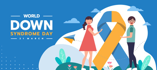 World down syndrome day - Children with Down syndrome are helping each other lift big blue yellow ribbon sign and flying paper rocket vector design