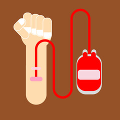 flat design donates blood, blood bag and hand vector.