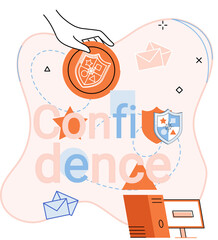 Confidence concept. Person has private conversation metaphor. Confidential communication. Trust property, reassuring partnerships, conviction. Protection of intellectual property. Confidential data