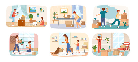 Set of illustrations about people moving to new house, carrying things to apartment, changing place of residence, relocation. Unpacking things after shipping, decorating home. Rental of premises