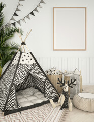 Frame mockup with children wigwam and plant in the light interior 