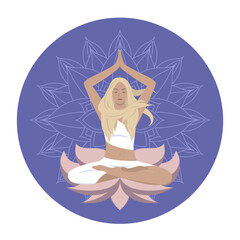 Young woman meditates in lotus position. Big flower background. Concept color vector illustration. White background.