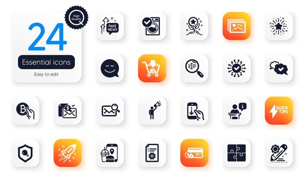Set of Technology flat icons. Twinkle star, Search mail and Loyalty points elements for web application. Startup rocket, Quickstart guide, Inspect icons. Washing machine, Image gallery. Vector