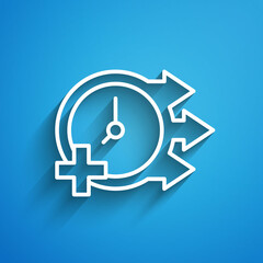 Fototapeta premium White line Clock icon isolated on blue background. Time symbol. Long shadow. Vector