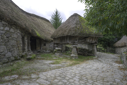 Pallozas and horreos of stone with thatched roof in Piornedo