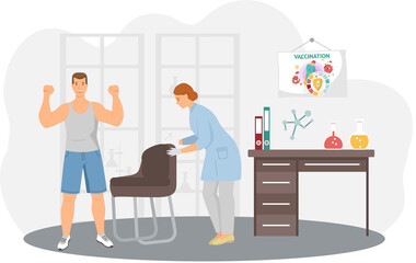 Doctor gives an injection dose of vaccine to patient. Coronavirus vaccination. Antiviral shot. Injecting vaccinate against Covid-19, health care. Man receiving dose of medication at medical office