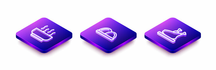 Set Isometric line Ramen soup bowl, Sushi and Roasted turkey or chicken icon. Vector