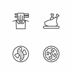 Set line Homemade pie, Served cucumber on plate, Asian noodles in paper box and Roasted turkey or chicken icon. Vector