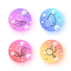 Sun protection, Water drop and Water analysis minimal line icons. 3d spheres or balls buttons. Plants watering icons. For web, application, printing. Ultraviolet care, Mint leaf, Aqua bacteria. Vector