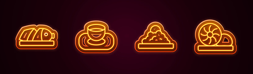 Set line Fish with sliced pieces, Soy sauce in bowl, Rice and Xiao long bao. Glowing neon icon. Vector