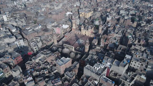 Aerial view of Wazir Khan mosque in Delhi Gate walled city of Lahore, Pakistan