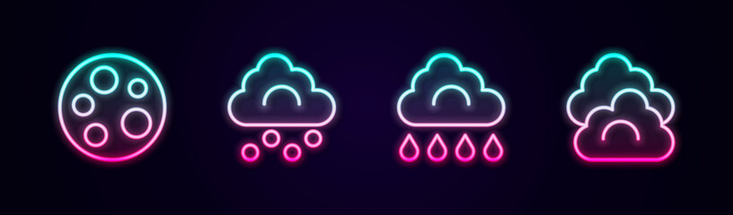 Set line Moon, Hail cloud, Cloud with rain and . Glowing neon icon. Vector