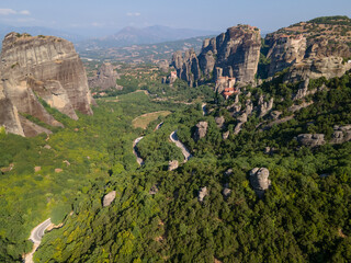 Aerial drone panoramic view of deep gorge and rocky ridge leading to legendary Mountain Olympus