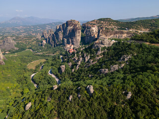 Aerial drone panoramic view of deep gorge and rocky ridge leading to legendary Mountain Olympus