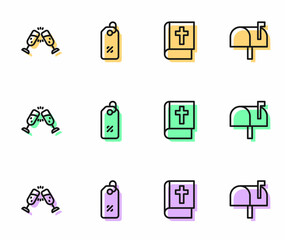 Set line Holy bible book, Glass of champagne, Discount percent tag and Mail box icon. Vector