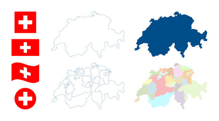 Switzerland map. Detailed blue outline and silhouette. Administrative divisions and cantons. Country flag. Set of vector maps. All isolated on white background. Template for design and infographics.