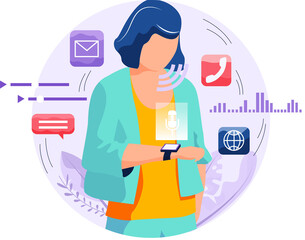 Voice assistant software agent perform tasks for user. Speaker recognition, vote controlled smart speaker. Woman voice activated digital assistants, identification. Virtual assistant, sound robot