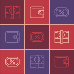 Set line Stacks paper money cash, Discount percent tag and Wallet icon. Vector