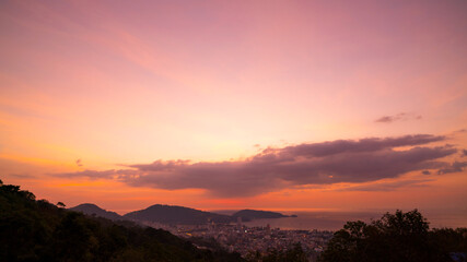 Landscape nature view in sunset or sunrise time over Tropical sea and patong city in phuket thailand