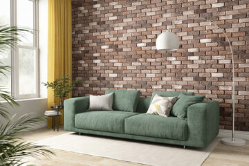 Modern interior of living room with window, green sofa, brick wall, floor lamp and plants 