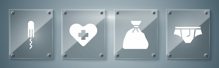 Set Underwear, Garbage bag, Heart with a cross and Sanitary tampon. Square glass panels. Vector