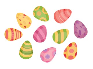 Logo for the design of postcards for Easter. A set of painted bright eggs. Vector isolated colorful element. 