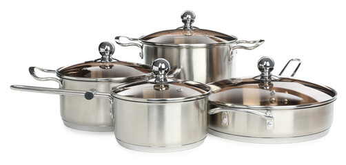 Set of stainless steel cookware on white background