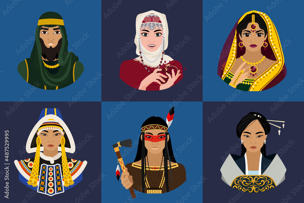 Wall mural A set of avatars of historical national costumes for men and women. Historical costume. Flat vector illustration.