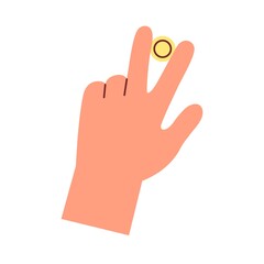 Coin squeezed between index and middle fingers icon. Hand holding abstract gold change, penny. Money bonuses, financial cashback concept. Flat vector illustration isolated on white background