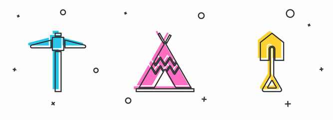 Set Pickaxe, Indian teepee or wigwam and Shovel icon. Vector © Oksana