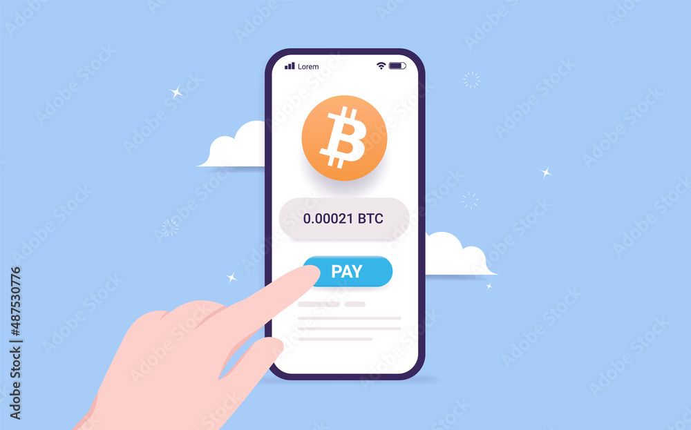 Aufkleber buying bitcoin in mobile application - vector illustration of hand pushing the buy button to purchas