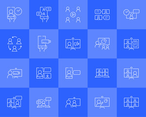 Simple set of online meeting related line icons isolated. Video conference concept. Distance work and learning. Collection of vector elements. Laptop, computer, smartphone, chatting, conferencing