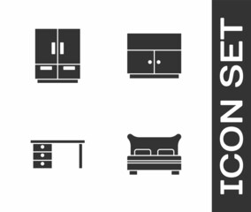 Set Big bed, Wardrobe, Office desk and icon. Vector