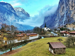Take the train via Lauterbrunnen with beautiful scenery like a fairy tale in the winter at...