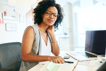 This is getting really uncomfortable. Cropped shot of a businesswoman suffering from neck pain.