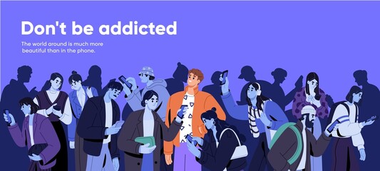 Addicted mobile phone users and person standing out from slaves crowd. Man getting free from smartphone, gadget, internet, social media addiction. Online vs offline concept. Flat vector illustration