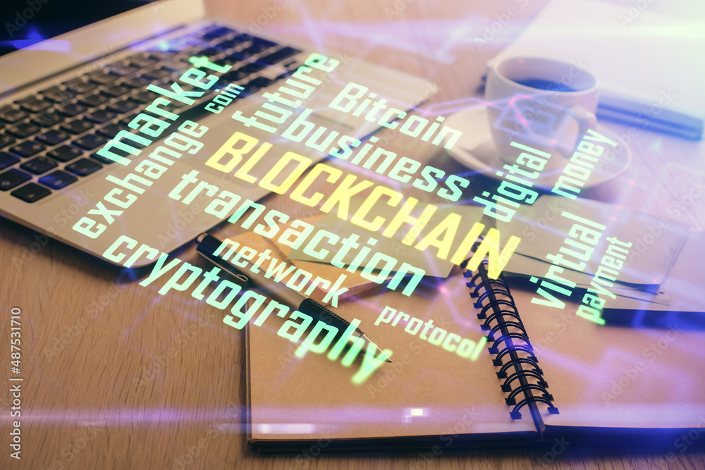 Aufkleber Double exposure of crypto technology drawing and desktop with coffee and items on table background. Concept of blockchain