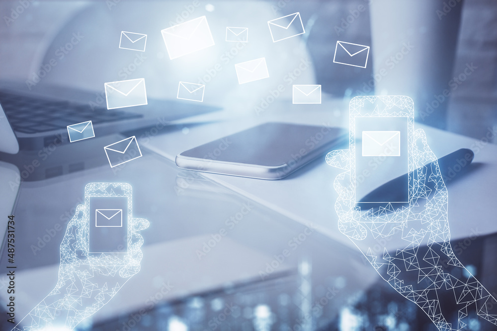 Poster double exposure of envelope sketch over cell phone background. concept of sms