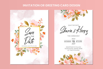 Wedding invitation and menu template with beautiful leaves and flower