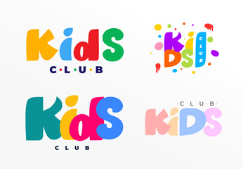 Set of logo lettering kids color circles bubble. Fun design template сhildren clothing shop, kindergarten, kids club, school, channel, toys store. Vector illustration. Isolated on white background.