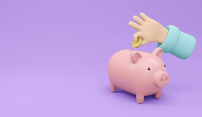 3D Rendering of hand putting money coin in piggy bank with copy space  on background concept of money savings. 3D Render illustration.