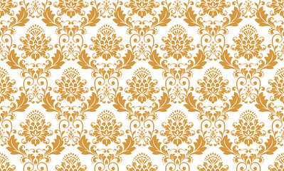 Wallpaper in the style of Baroque. Seamless vector background. White and gold floral ornament. Graphic pattern for fabric, wallpaper, packaging. Ornate Damask flower ornament