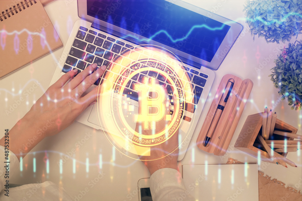 Poster double exposure of woman hands working on computer and blockchain theme hologram drawing. top view. 