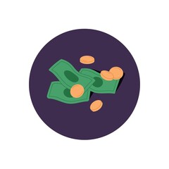 Money icon with paper bills and gold coins. Cash currency, abstract banknotes in circle. Dollars bank notes composition. Savings, profit concept. Flat vector illustration isolated on white background