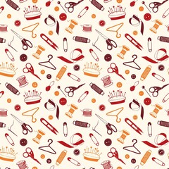 Sewing Tools Seamless Pattern, hand drawn elements. Tailoring accessories, threads, scissors, needles. Vector background